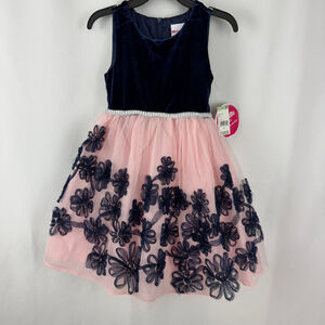 Nannette Kids Dress 4T Navy Velvet & Pink Tulle Floral Overlay Vintage Inspired